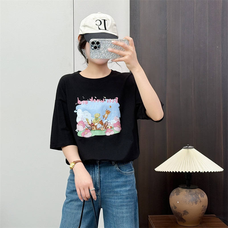 惠衣阁春夏女棉质短袖t恤衫圆领t恤韩版宽松休闲印花半袖上衣T恤