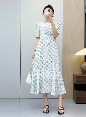 惠衣阁夏季女短袖连衣裙碎花连衣裙韩版甜美高腰碎花中长裙淑女裙