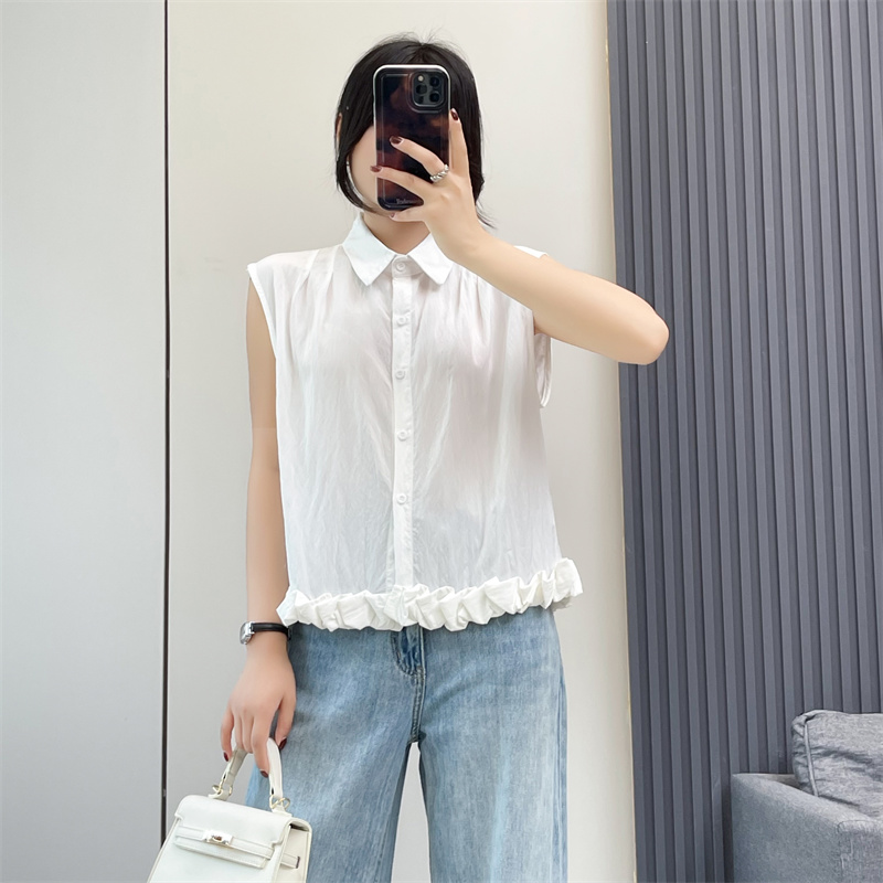 惠衣阁夏季女无袖衬衫短款衬衫韩版通勤气质短款上衣木耳边衬衣