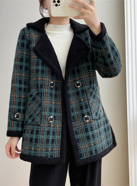 惠衣阁秋女仿水diao毛大衣中长款外套复古西装领格子外套毛毛外套