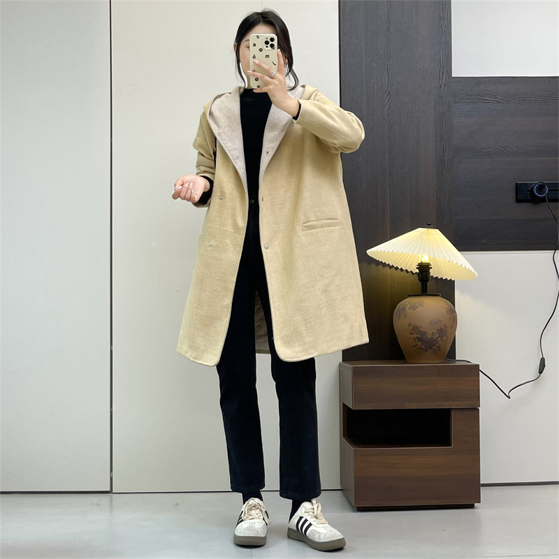 惠衣阁冬女连帽毛呢外套中长款呢子大衣宽松休闲夹棉外套格纹外套