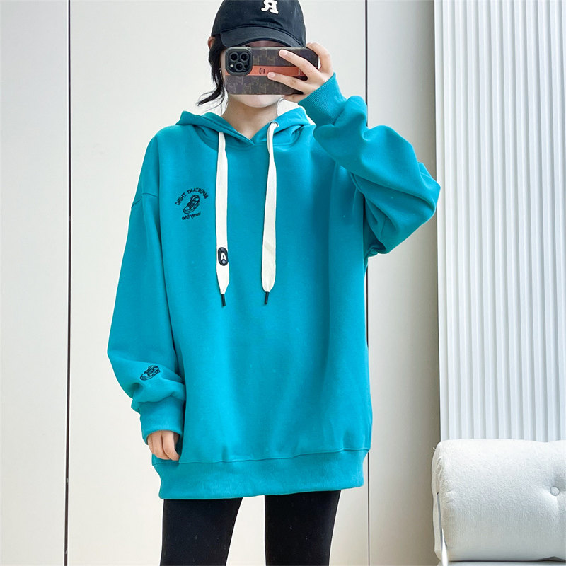 惠衣阁春女棉质长袖连帽卫衣中长款卫衣韩版宽松休闲学生卫衣外套