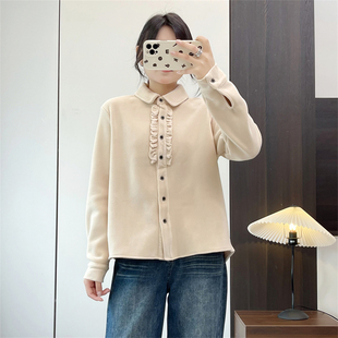休闲甜美加厚保暖衬衣外套 韩版 惠衣阁秋冬女木耳边衬衫 摇粒绒衬衫