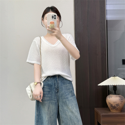 惠衣阁夏季女短袖t恤衫套头V领T恤韩版宽松休闲弹力纯色半袖上衣