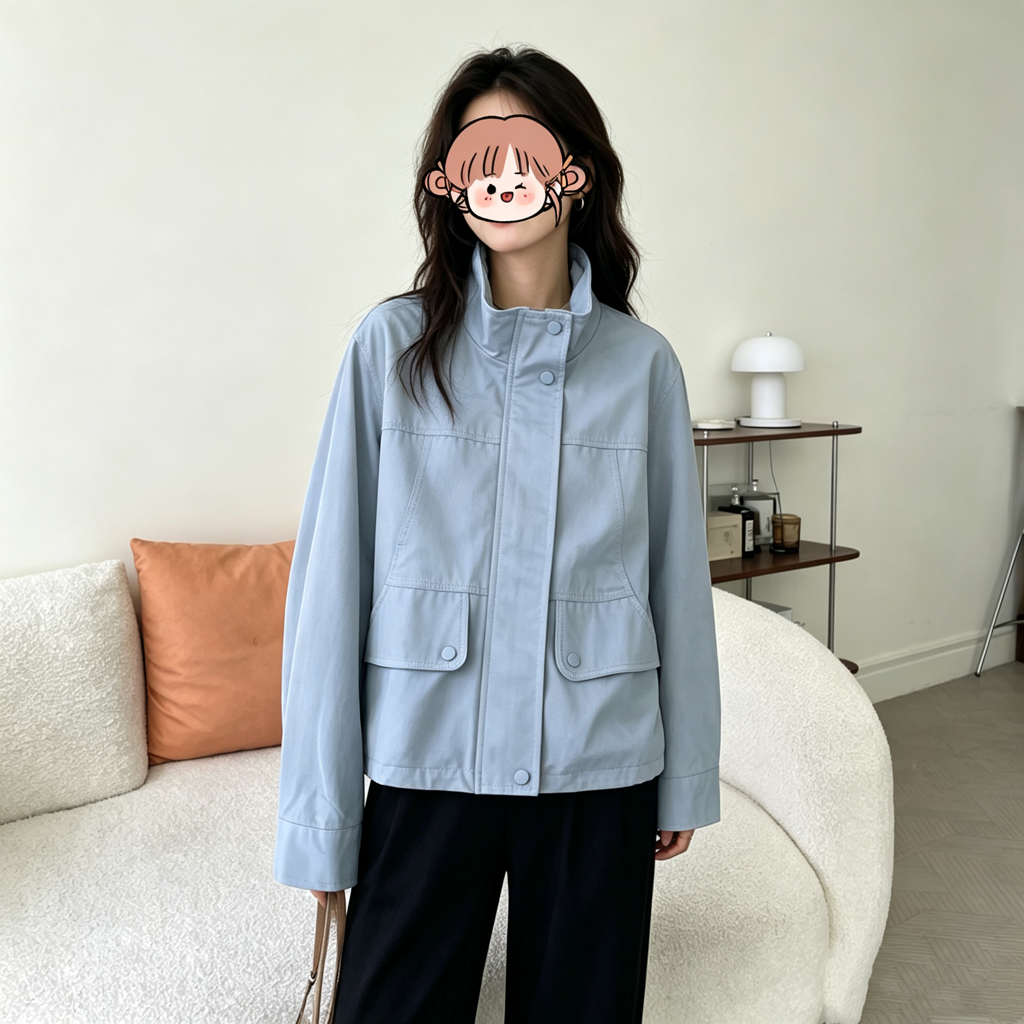 惠衣阁春季女棉质外套立领长袖外套韩版宽松休闲纯色短款夹克外套