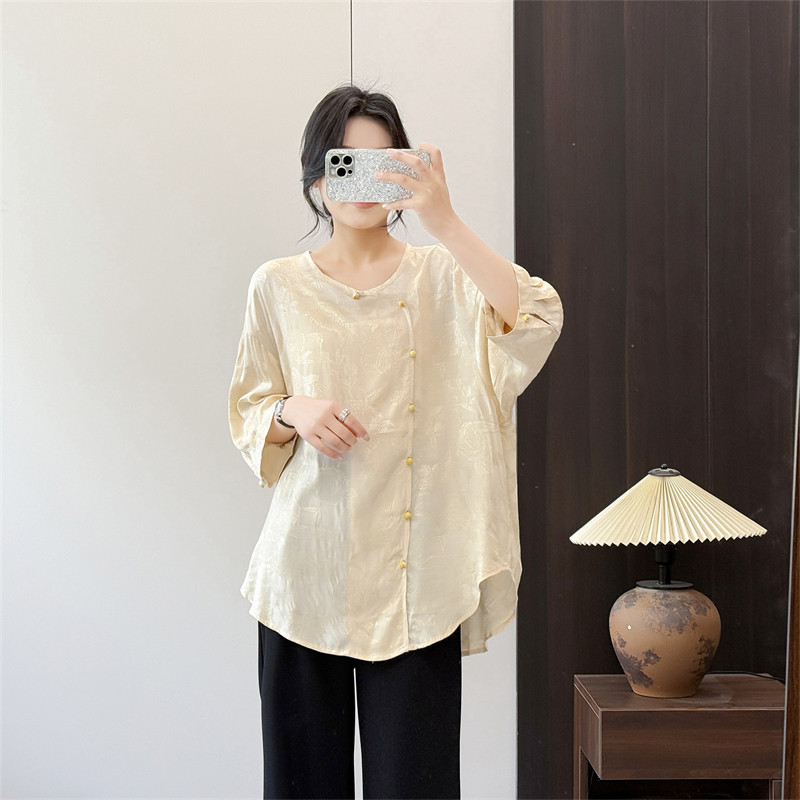 惠衣阁夏女人造棉七分袖衬衫套头衬衣国风斜门襟衬衫新中式衬衣