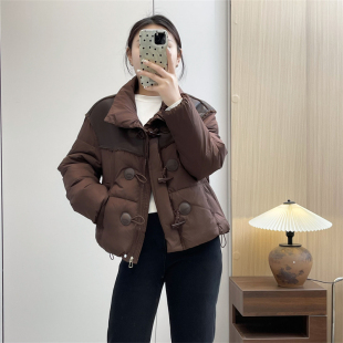 惠衣阁冬女立领羽绒棉服牛角扣羽绒外套韩版 防寒服 休闲PU拼接短款