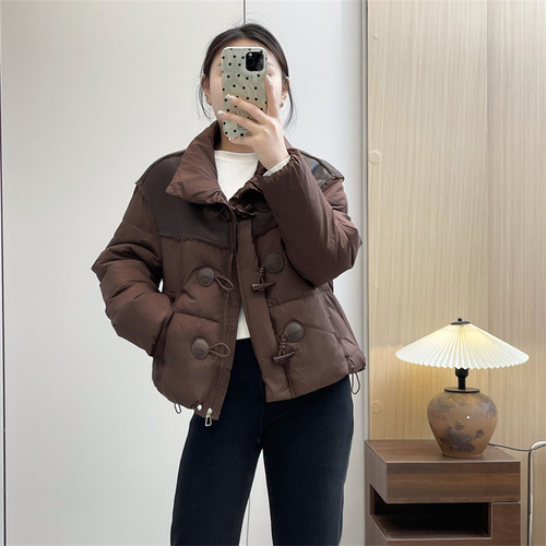 惠衣阁冬女立领羽绒棉服牛角扣羽绒外套韩版休闲PU拼接短款防寒服