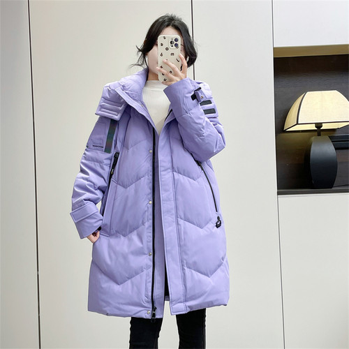 惠衣阁冬季女长袖连帽羽绒服白鸭绒羽绒外套休闲加厚中长款羽绒服