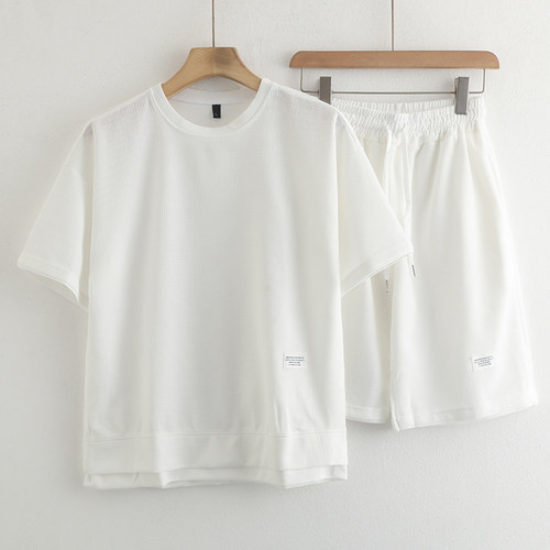 惠衣阁夏男士两件套装短袖t恤假两件上衣韩版宽松休闲运动裤中裤