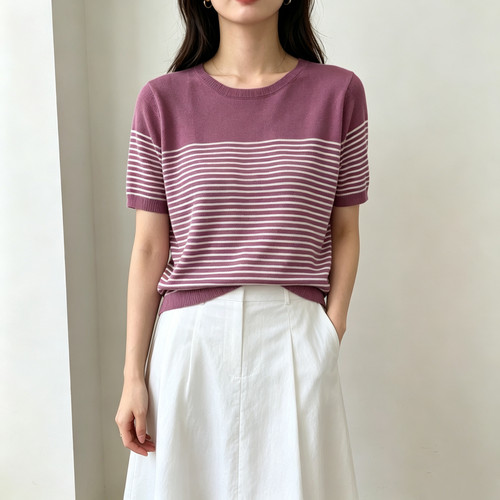 惠衣阁春夏女短袖针织衫套头针织上衣短款针织衫小码针织衫