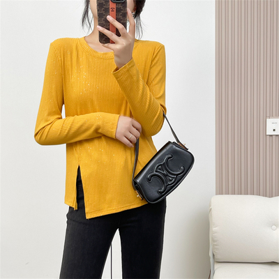 惠衣阁春季女棉质长袖圆领打底衫侧开叉上衣修身弹力外穿t恤上衣