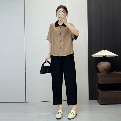 惠衣阁夏季女两件套装短袖衬衫松紧腰长裤中年妈妈装