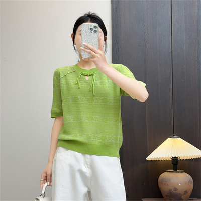 惠衣阁春夏女短袖针织衫短款针织上衣新中式盘扣针织衫钉珠上衣