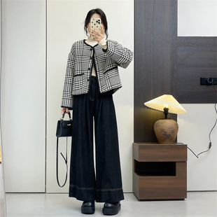 惠衣阁秋冬女棉质千鸟格外套夹棉外套复古通勤格子夹棉短款外套