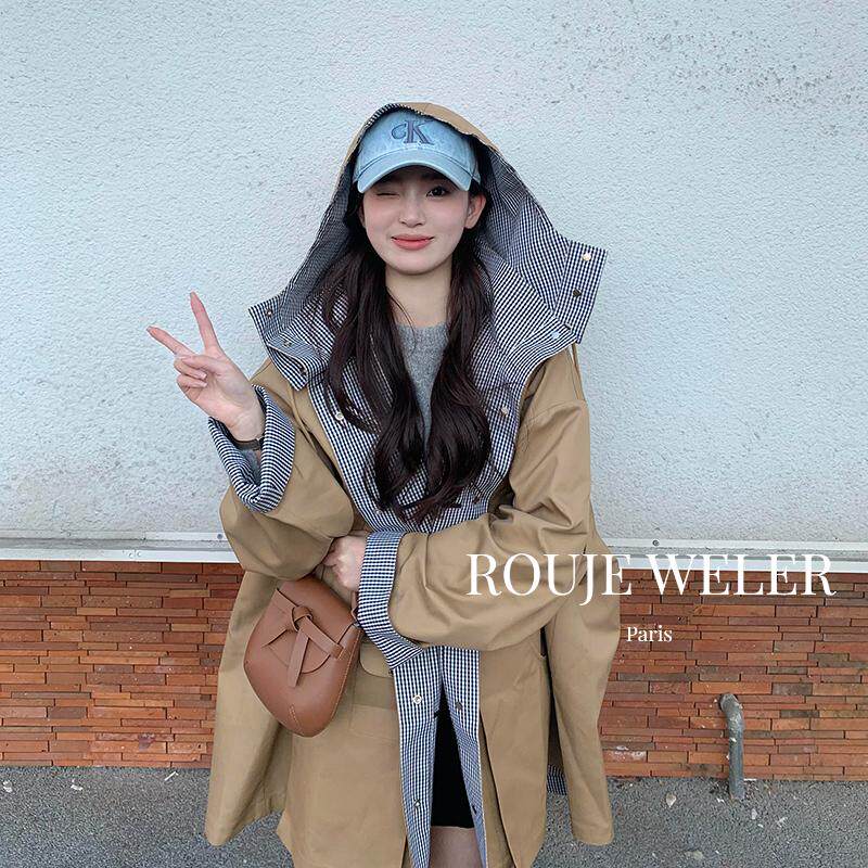 ROUJEWELER高级感格子拼接风衣女