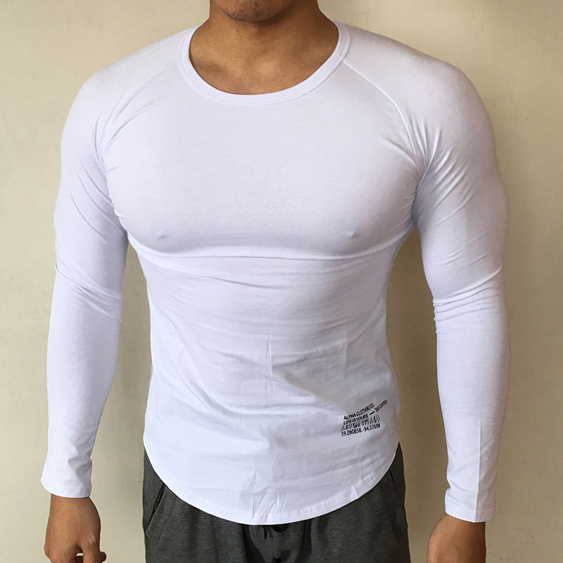 肌肉健身兄弟运动紧身衣棉质弹力新款男士长袖圆领T恤修身打底衫