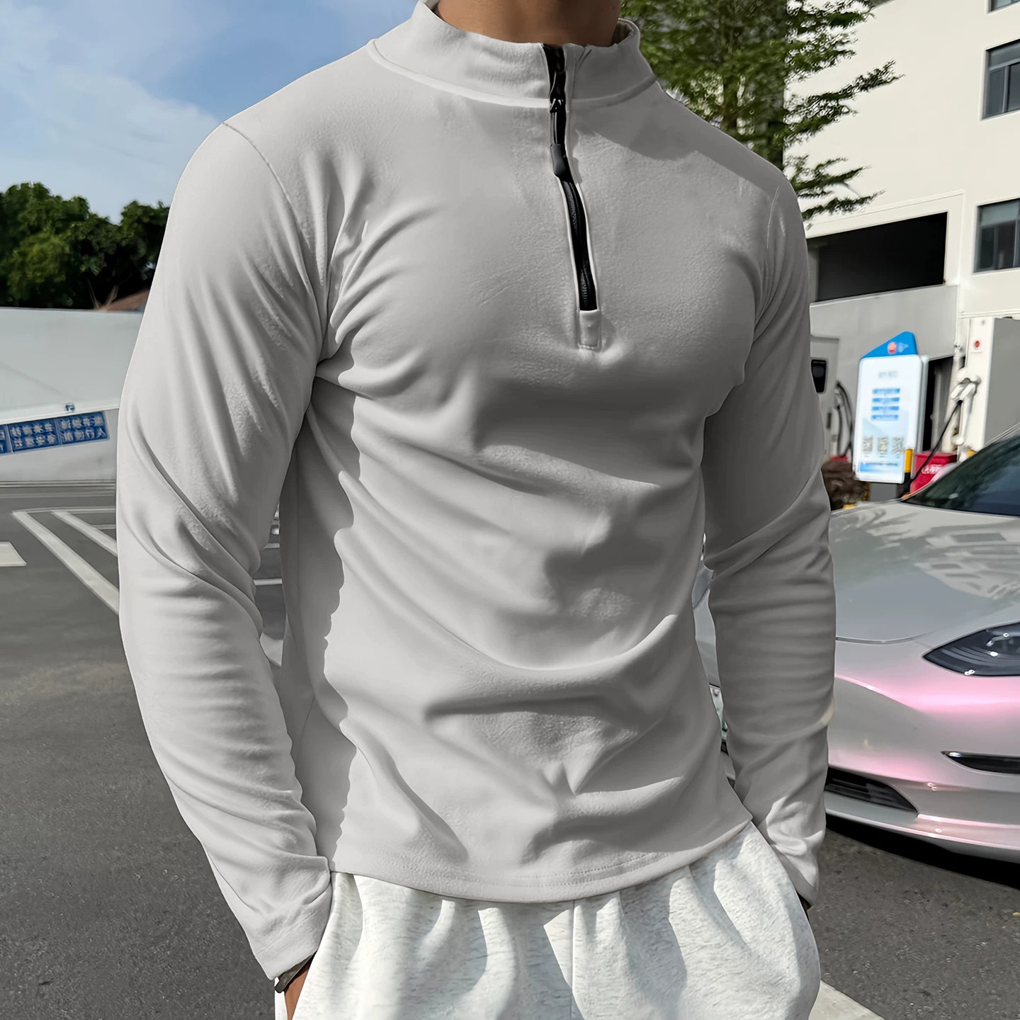 秋季新款运动长袖男保暖德绒修身休闲打底半拉链跑步健身训练衣服