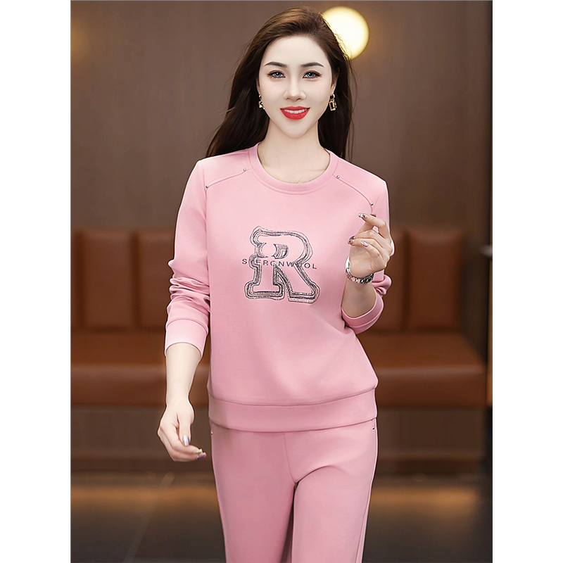 运动套装女春秋新款时尚洋气质妈妈圆领卫衣宽松休闲跑步服两件套