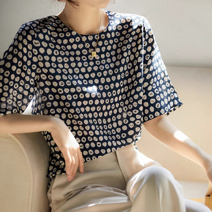 2026夏季 真丝圆点印花宽松短袖 T恤 桑蚕丝波点圆领简洁衬衣女 新款