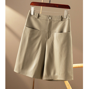 短靴配!意大利轻涂羊皮五分中裤秋冬新款半松紧高腰真皮直筒裤