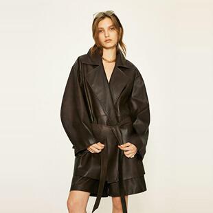 英国进口植鞣小羊皮老钱风西装 宽松系带真皮风衣系带收腰羊皮外套