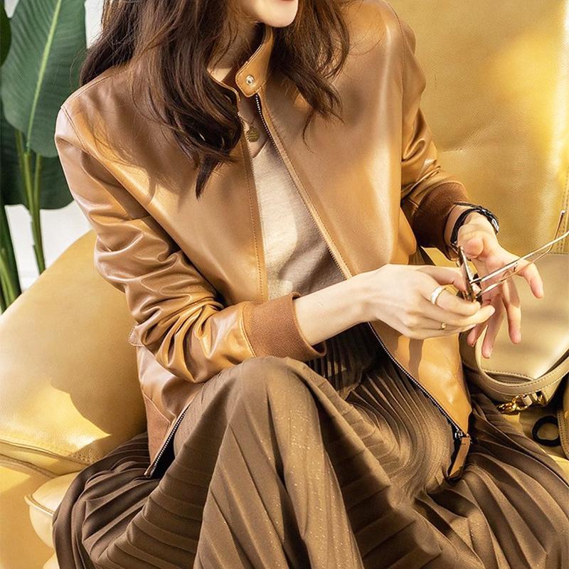 通勤宽松绵羊皮棒球真皮皮衣夹克