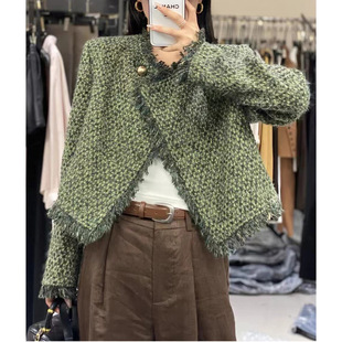 美拉德棕羊毛小香风外套短款圆领流苏毛边西装春季女装粗花呢上衣