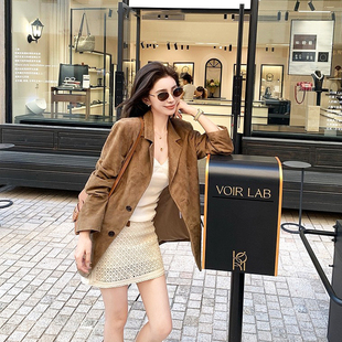 羊反绒皮衣外套复古真皮西装 挚爱十年 北欧老钱风馥郁黄棕中长款