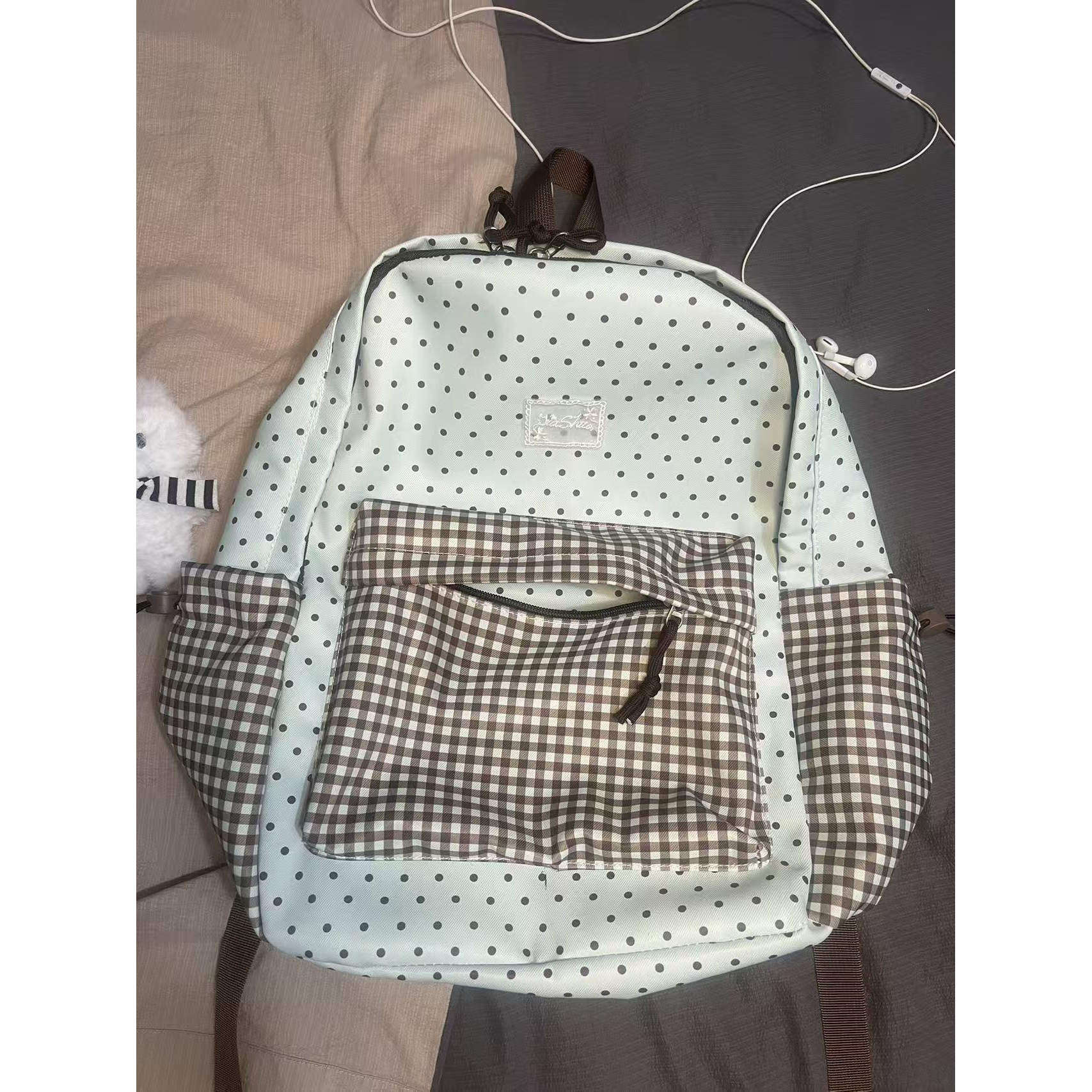 清新波点格纹双肩包韩版ins风初高中学生书包大容量百搭校园背包