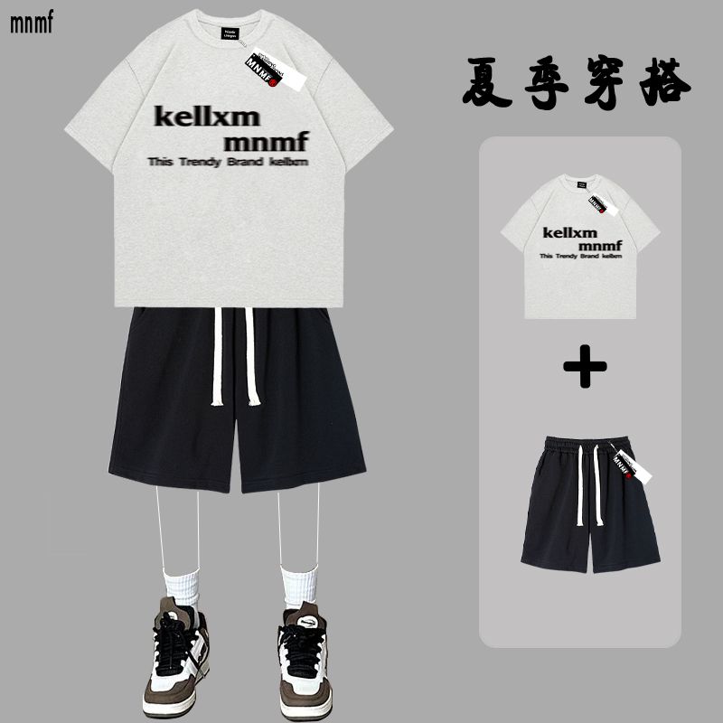 新款美式潮牌字母夏季男女纯棉短袖T恤直筒五分短裤套装两件套潮