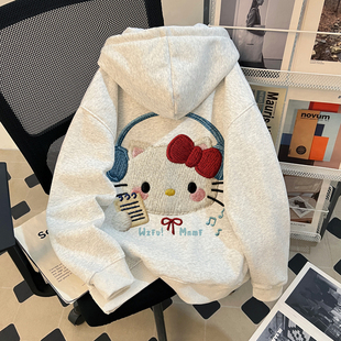 秋冬季女童加绒连帽卫衣2025新款仿刺绣卡通KT猫中大童加厚上衣潮