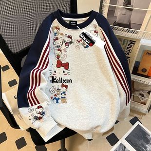 女童插肩三条杠卫衣秋冬季新款卡通凯蒂猫印花中大童加绒圆领上衣