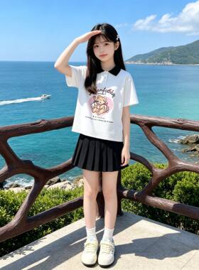 夏季女童2026新款POLO衫短袖短裙套装卡通爱心小熊印花中大童上衣