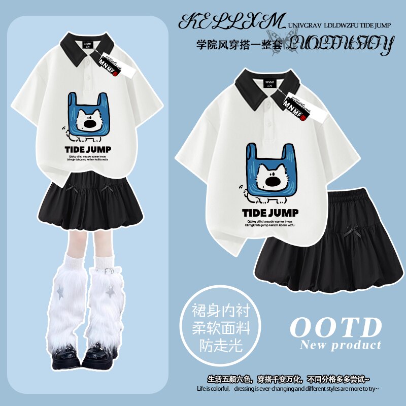 夏季纯棉POLO衫短袖花苞裙套装卡通袋子狗狗印花中大童慵懒风ins
