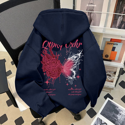 2025秋冬季男童加绒新款连帽卫衣个性蝴蝶字母印花中大童痞帅上衣