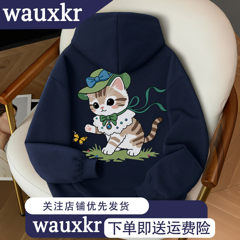 2025秋冬款女童可爱小猫印花加绒连帽卫衣中学生休闲宽松上衣ins