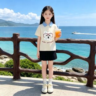 日系ins戴眼镜小狗印花女童新款可爱风POLO衫短袖短裙百搭两件套