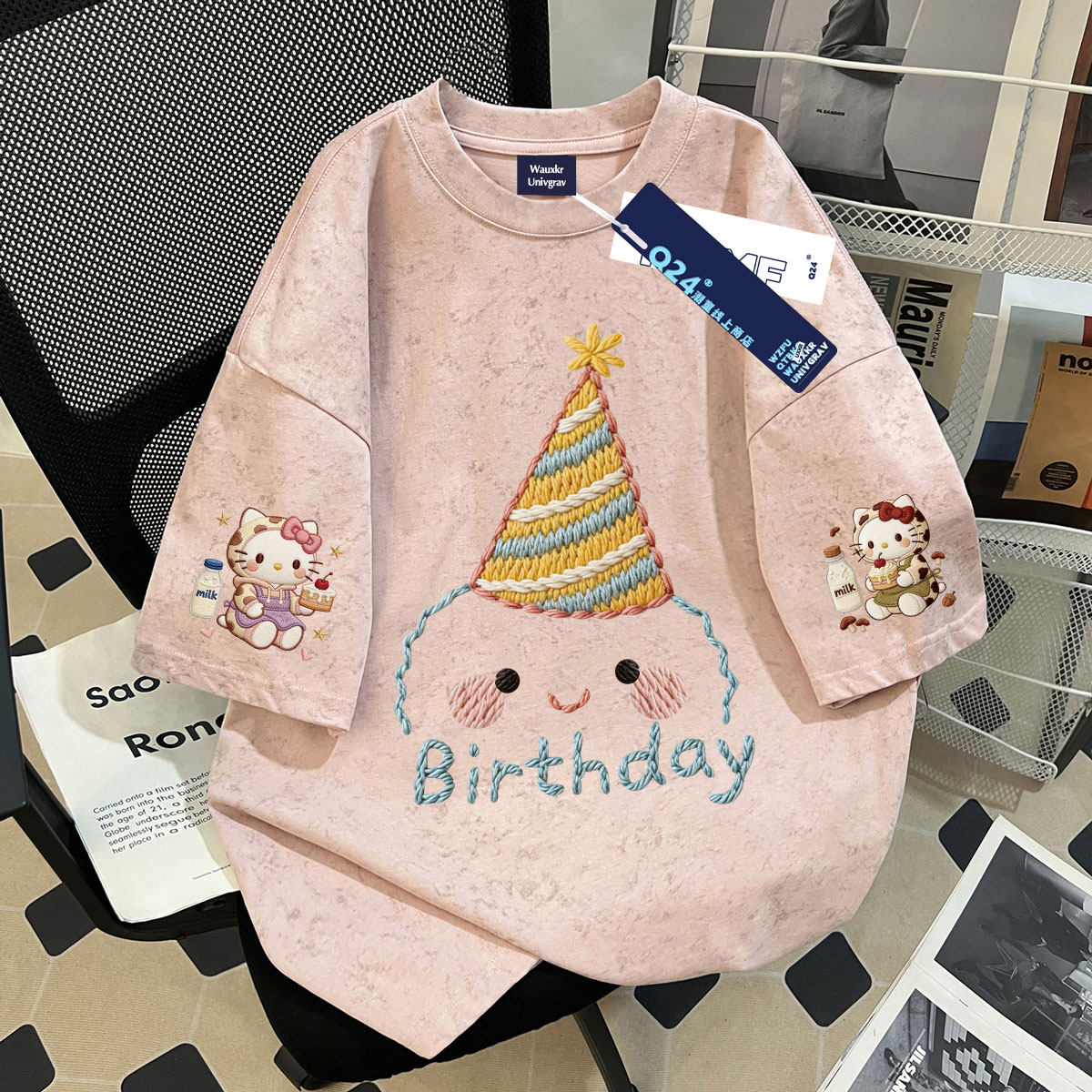 女童时尚猫咪仿刺绣夏季100%纯棉扎染短袖中学生百搭宽松上衣ins