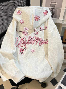 女童冬季新款拉链连帽卫衣中大童仿刺绣樱花字母印花时髦开衫外套