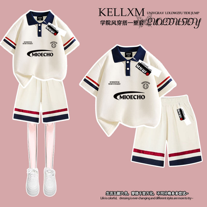 2026夏季美式字母印花女童Polo衫t恤短袖短裤套装学生时尚潮流ins