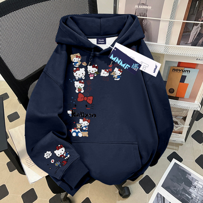 女童卡通Kitty猫印花秋冬新款加绒连帽卫衣中大童加厚保暖上衣潮