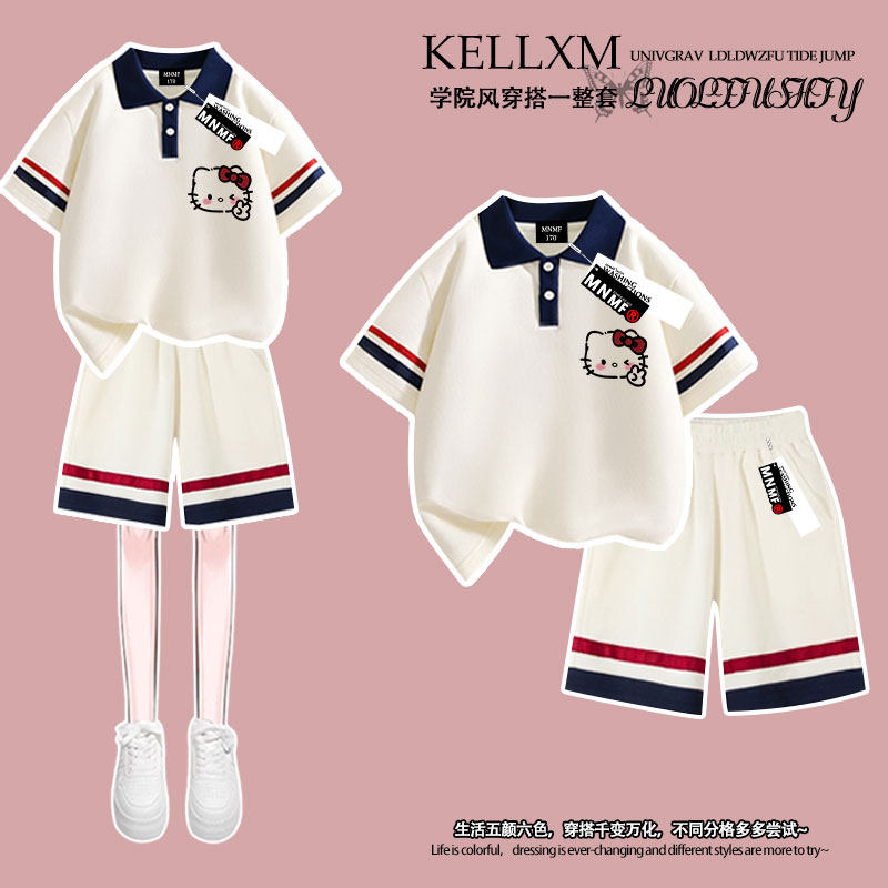 女童小猫咪印花2026夏季Polo衫t恤短袖短裤套装学生时尚潮流ins