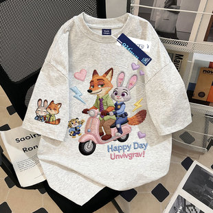 疯狂动物城仿刺绣2026夏季款女童纯棉短袖t恤初中生休闲宽松上衣