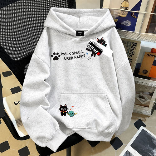 男女童冬季新款童趣黑猫漫游星球印花扎染连帽卫衣中大童加绒卫衣