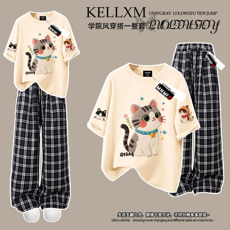 2026夏季可爱猫咪仿刺绣女童纯棉短袖t恤格子裤套装中大童时尚ins