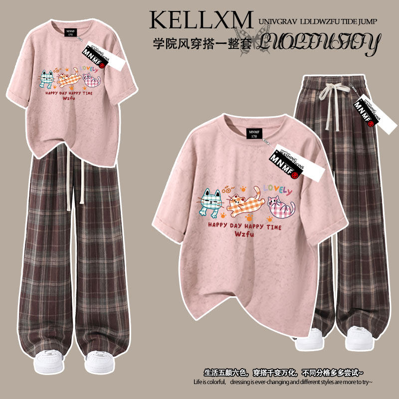 夏季款100%纯棉女童三只猫印花扎染短袖T恤格子长裤套装学院风ins