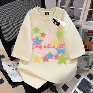 韩系校园风男女童新款卡通多彩星星印花短袖T恤中大童纯棉上衣ins