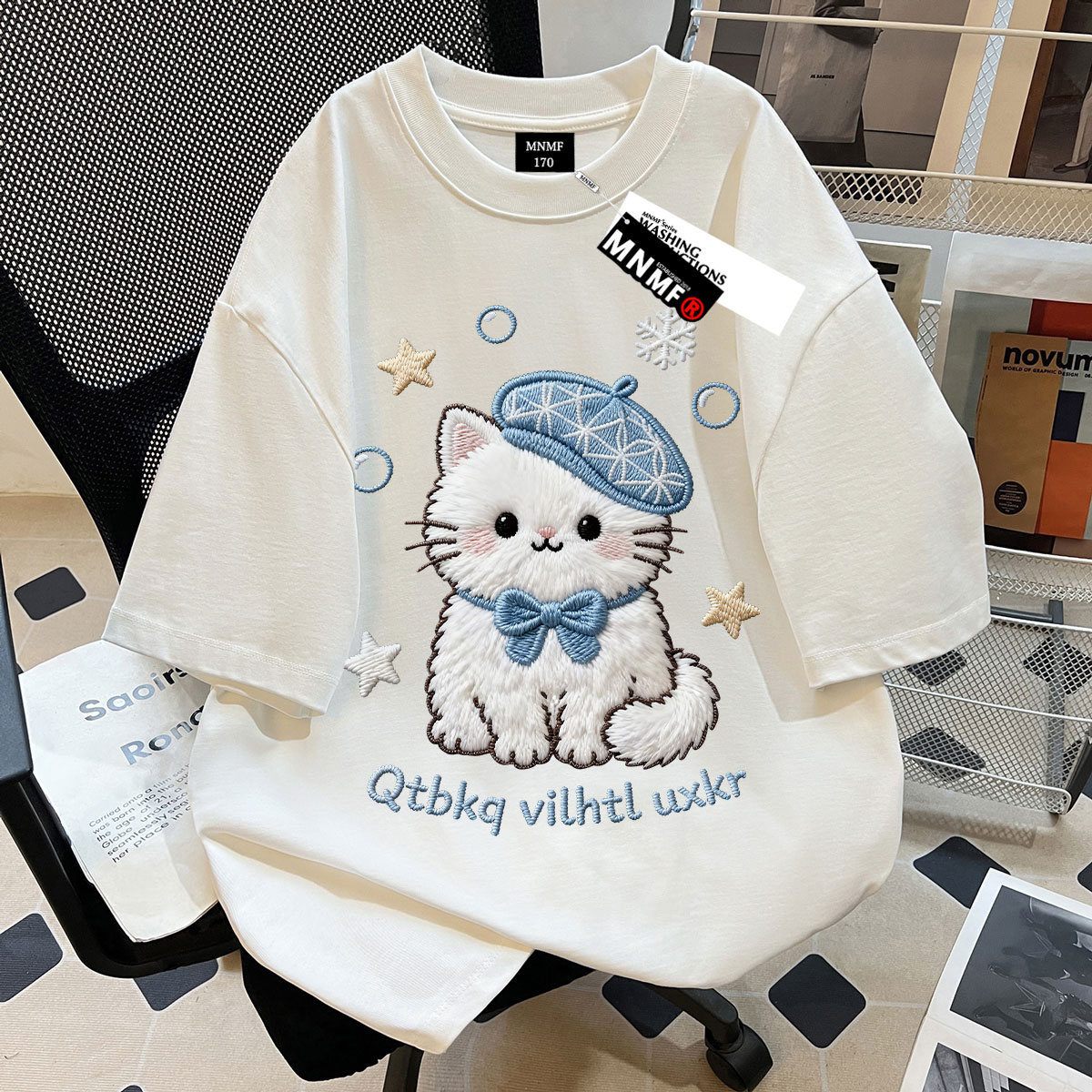女童夏季100%纯棉短袖t恤呆萌可爱猫咪仿刺绣初中生韩版时尚上衣