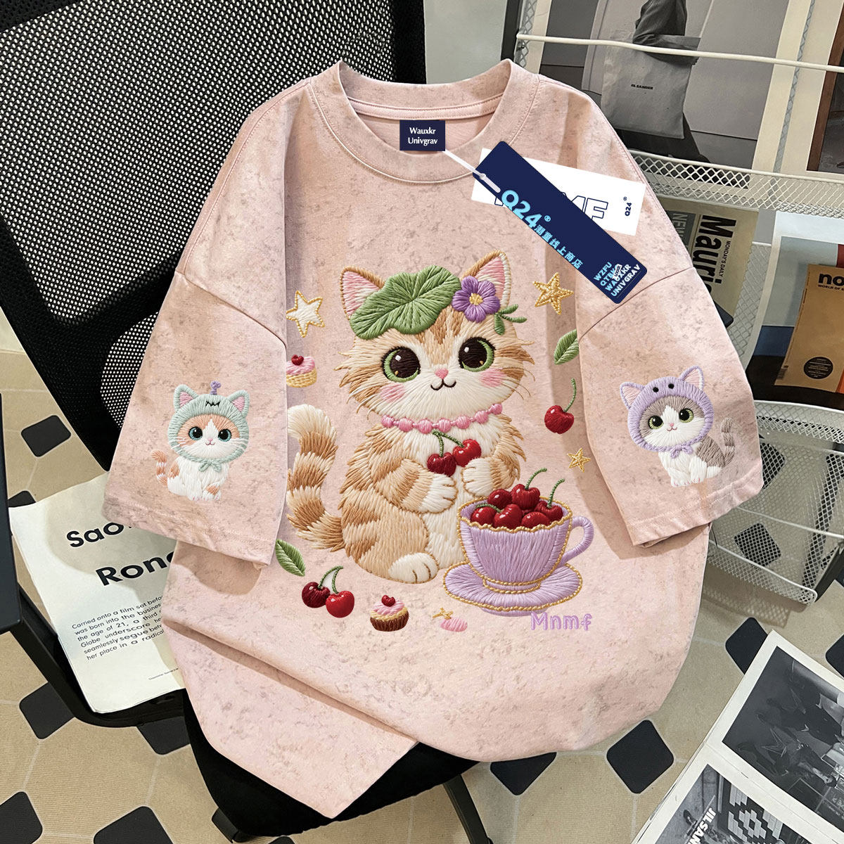 樱桃小猫仿刺绣100%纯棉女童夏季扎染短袖中学生百搭时髦上衣ins